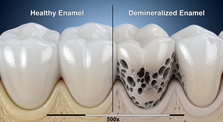 healthy enamel and demineralised enamel under magnification