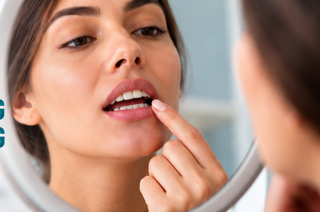 Woman examining her mouth in a mirror